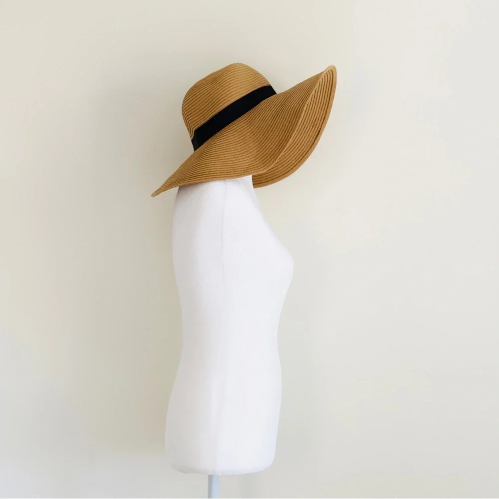 Women’s Wide Brim Hat. Tan with Black Grosgrain Ribbon. Packable. One Size.